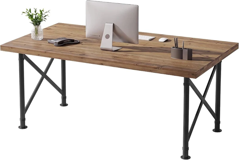 Bureau en bois massif 160 cm, Bureau d'ordinateur style industriel avec pieds en métal en X