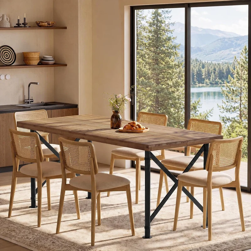 Table de salle à manger en bois massif 160 cm avec pieds en métal, brun rustique
