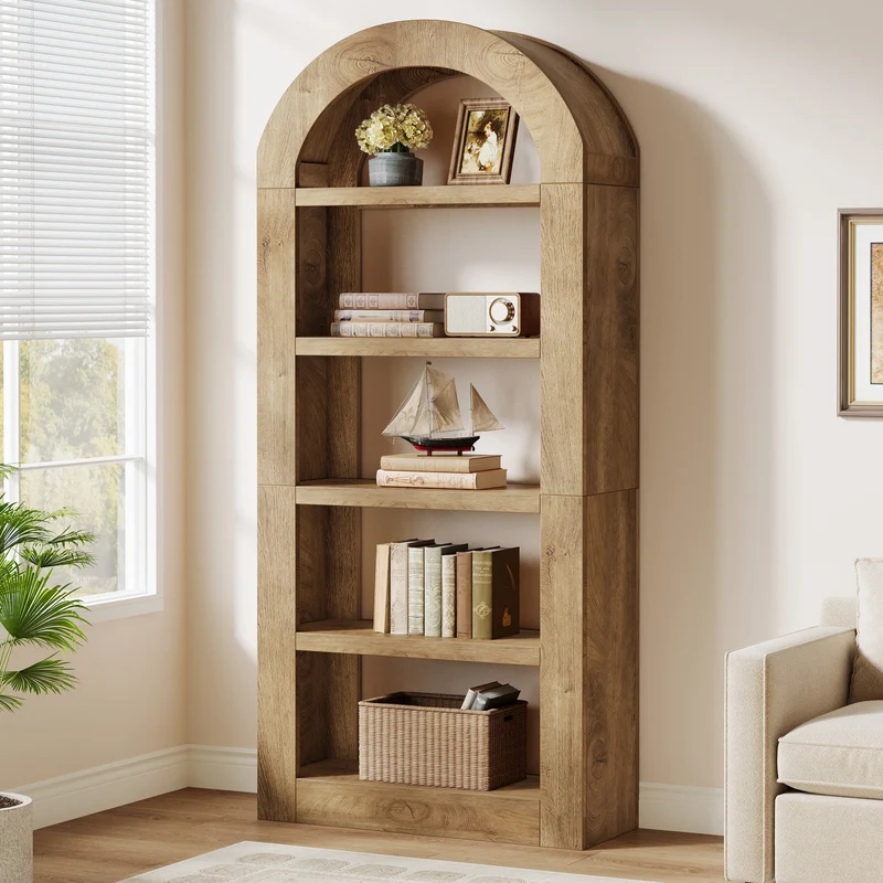 Tribesigns Bibliothèque arquée hauteur 180 cm, Étagère ouverte sur pied à 5 niveaux avec espace de rangement