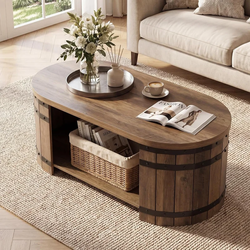 Tribesigns Table basse 120 cm avec espace de rangement, Table basse ovale avec étagère