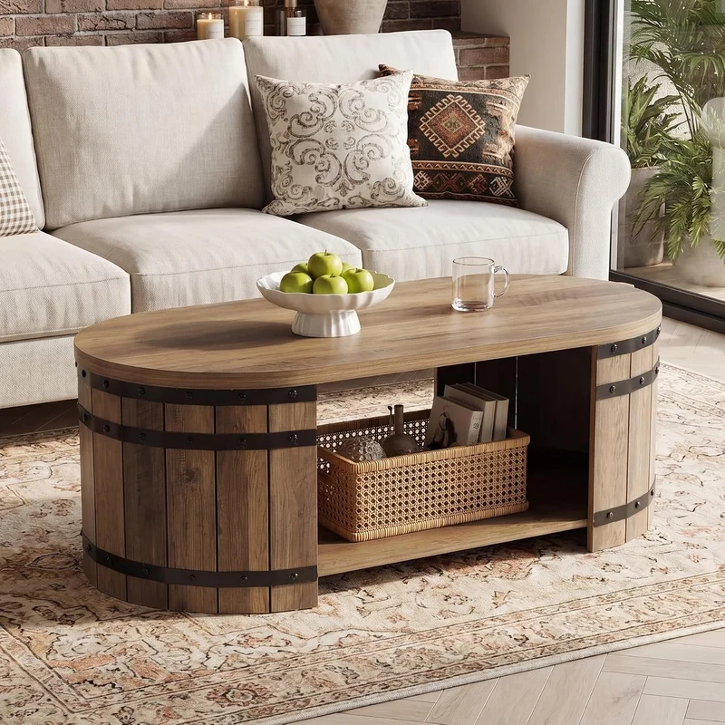 Tribesigns Table basse 120 cm avec espace de rangement, Table basse ovale avec étagère