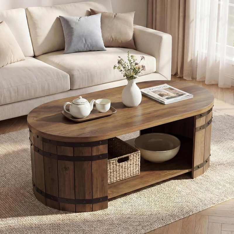 Tribesigns Table basse 120 cm avec espace de rangement, Table basse ovale avec étagère