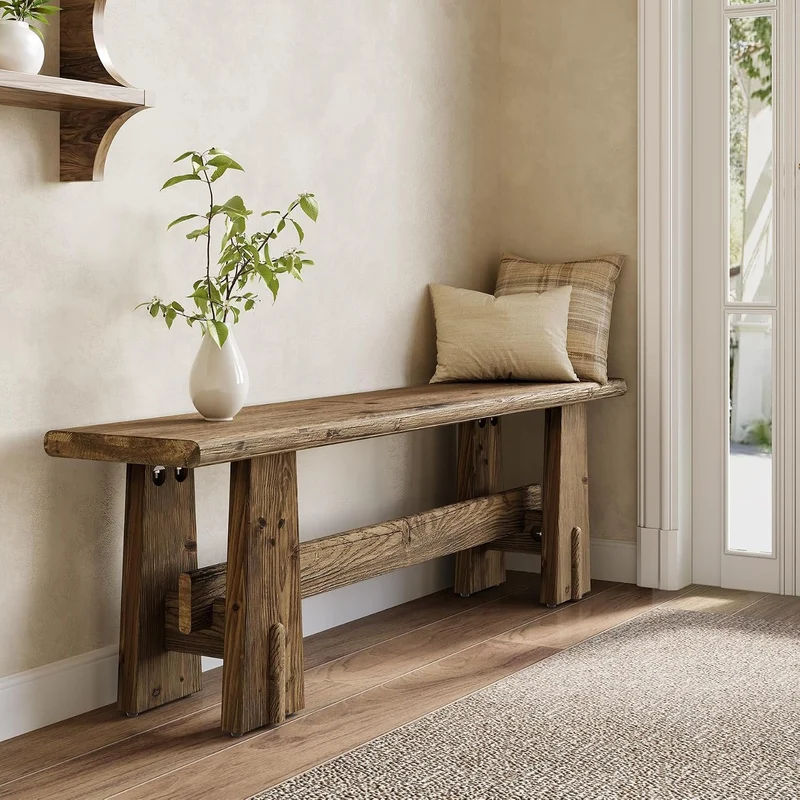 Banc de lit en bois massif de 150 cm, Banc à chaussures avec étagère, banc étroit pour entrée