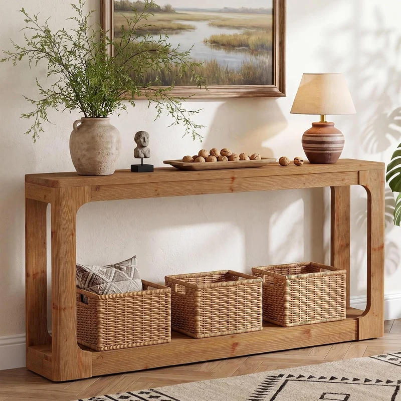 Console en bois massif de 160 cm avec rangement à 2 niveaux, Table d'entrée rustique marron de style campagnard pour couloir, entrée et salon