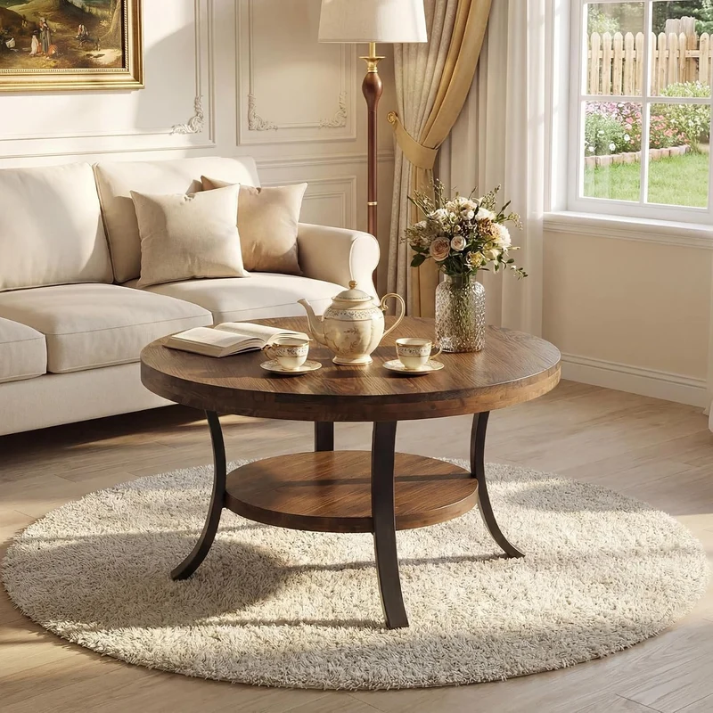 Table basse ronde en bois massif de 80 cm avec compartiment de rangement, Table basse de style champêtre pour le salon