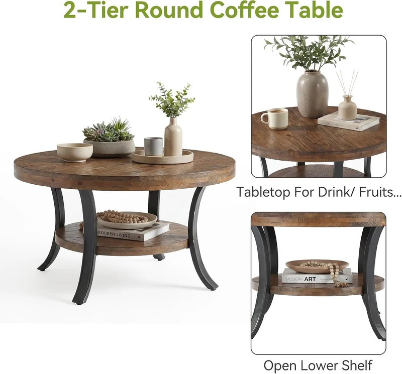 Table basse ronde en bois massif de 80 cm avec compartiment de rangement, Table basse de style champêtre pour le salon