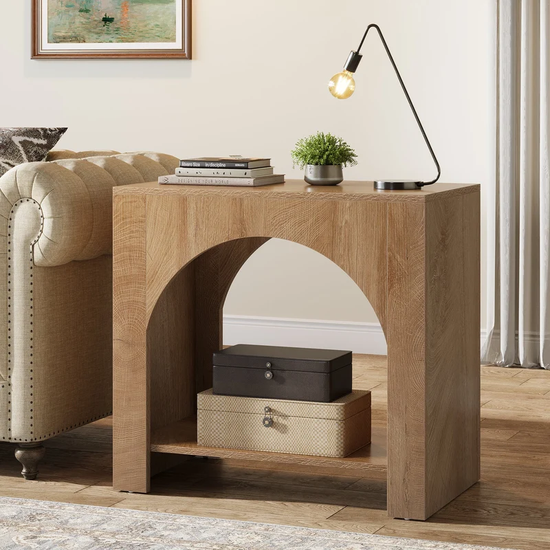 Tribesigns Table d'appoint avec rangement, Table de chevet rustique en bois avec 2 étagères pour salon et chambre