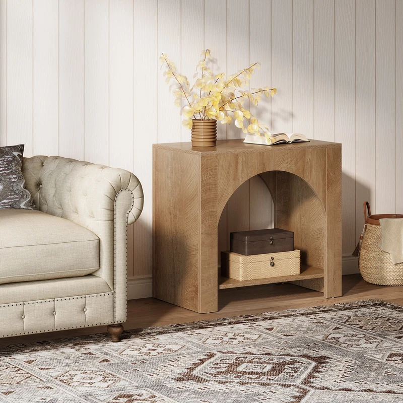 Tribesigns Table d'appoint avec rangement, Table de chevet rustique en bois avec 2 étagères pour salon et chambre