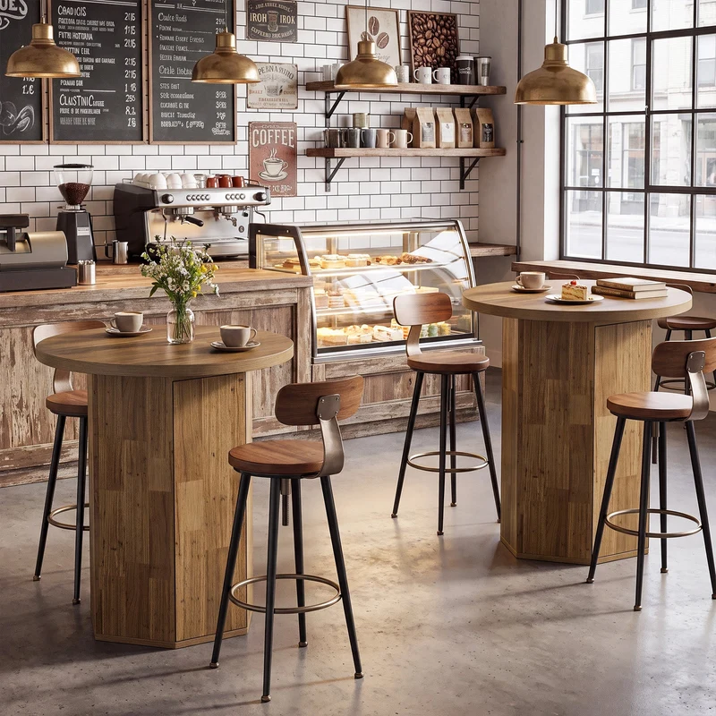 Tribesigns Table de bar ronde de 80 cm avec espace de rangement, Table haute avec meuble intégré de style champêtre