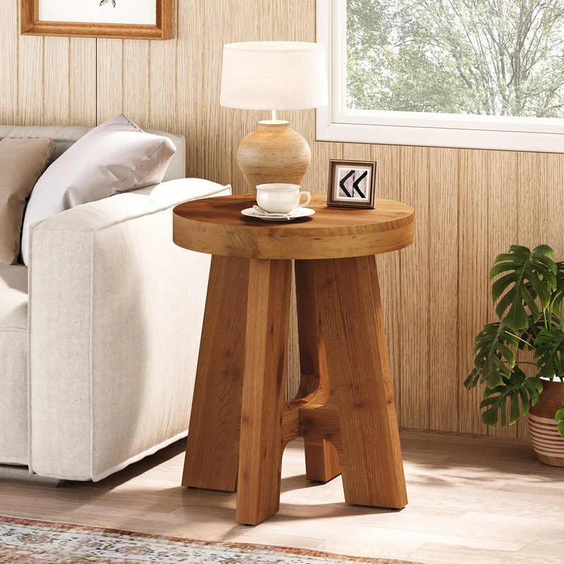Tribesigns Table d'appoint ronde en bois massif, Table basse rustique en bois avec pieds robustes