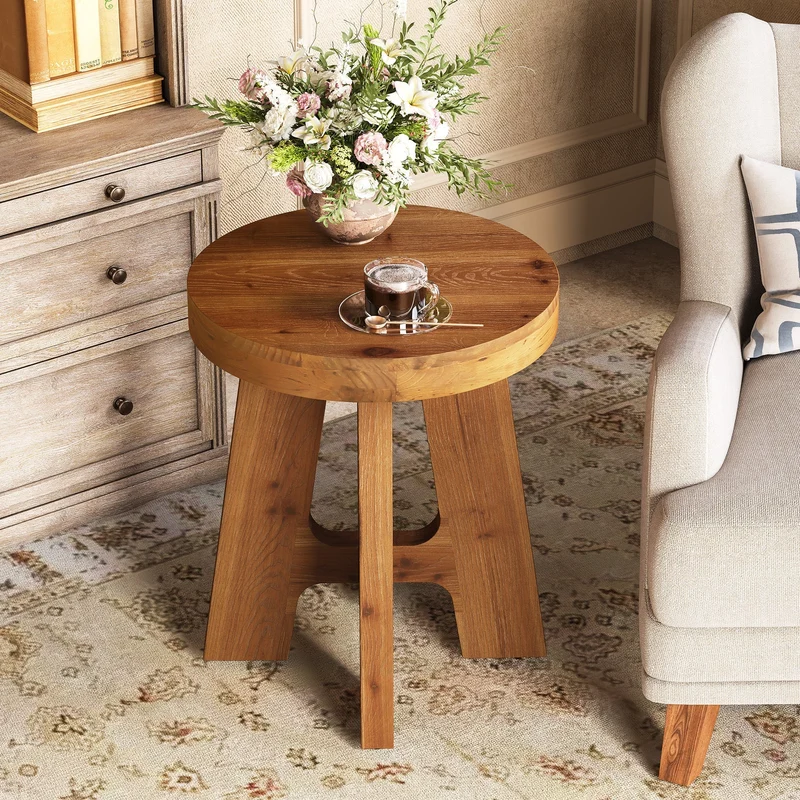 Tribesigns Table d'appoint ronde en bois massif, Table basse rustique en bois avec pieds robustes