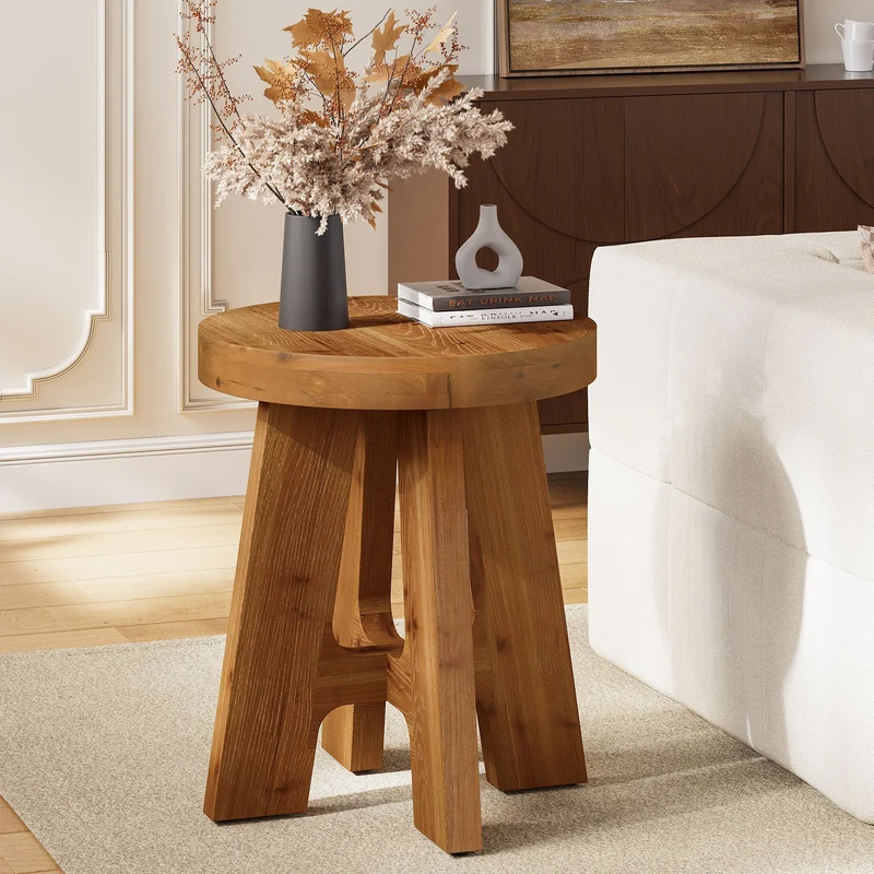 Tribesigns Table d'appoint ronde en bois massif, Table basse rustique en bois avec pieds robustes