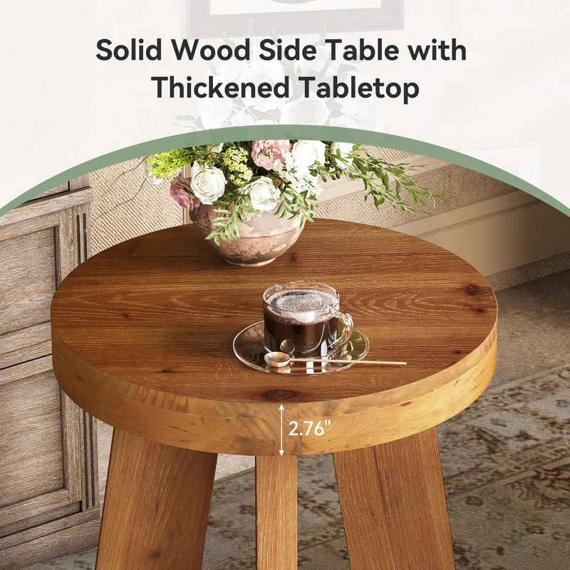 Tribesigns Table d'appoint ronde en bois massif, Table basse rustique en bois avec pieds robustes