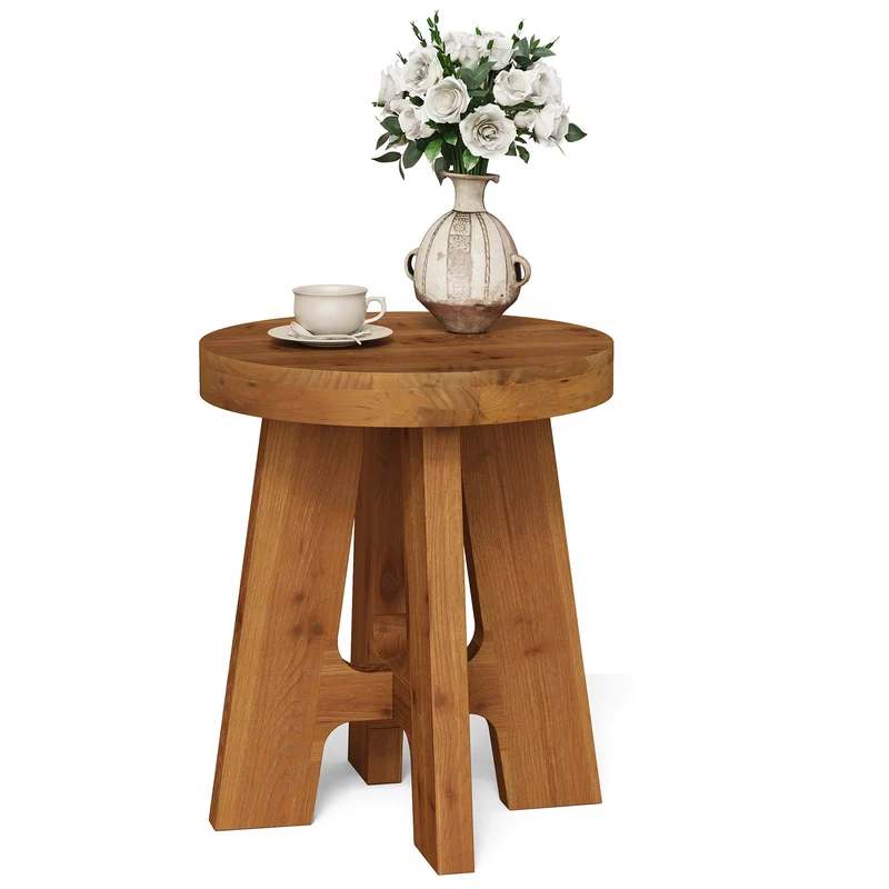 Tribesigns Table d'appoint ronde en bois massif, Table basse rustique en bois avec pieds robustes