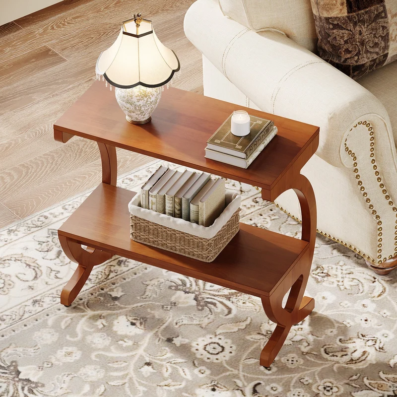 Tribesigns Table d'appoint en bois massif avec étagère, Table de chevet étroite à 2 niveaux de style mid-century