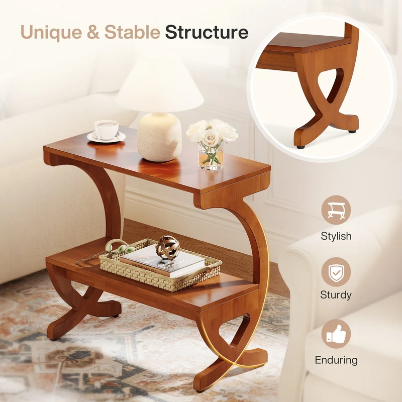 Tribesigns Table d'appoint en bois massif avec étagère, Table de chevet étroite à 2 niveaux de style mid-century
