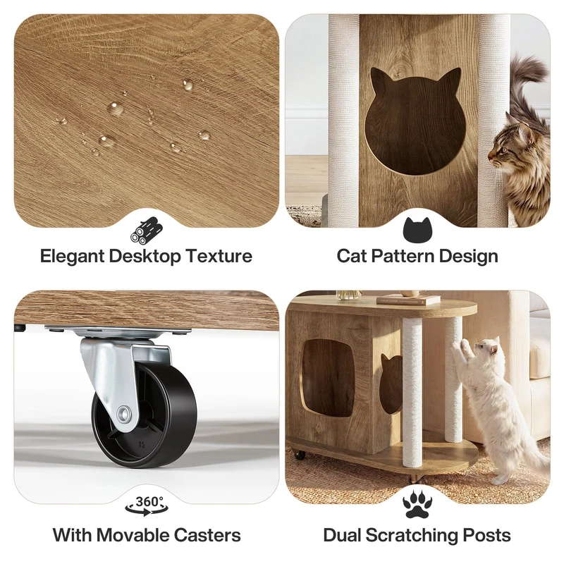 Tribesigns Maison pour chat avec griffoirs et table d'appoint, Table basse ovale sur roulettes avec cachette pour chat