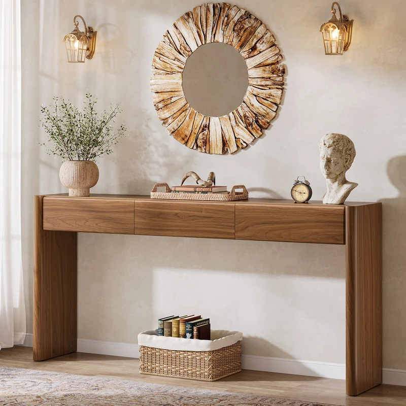 Tribesigns Console de 180 cm avec 3 tiroirs, Table d'entrée étroite marron vintage Table basse en bois avec étagère