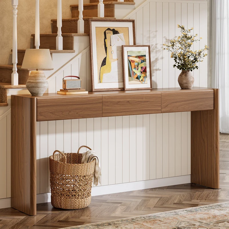 Tribesigns Console de 180 cm avec 3 tiroirs, Table d'entrée étroite marron vintage Table basse en bois avec étagère