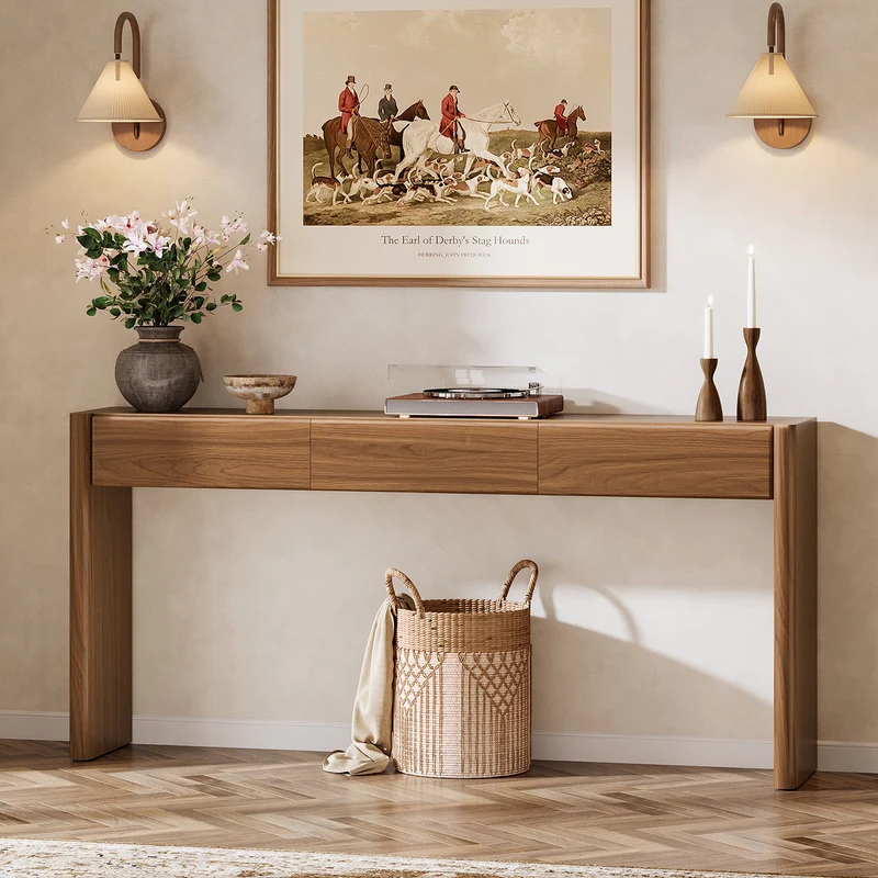 Tribesigns Console de 180 cm avec 3 tiroirs, Table d'entrée étroite marron vintage Table basse en bois avec étagère