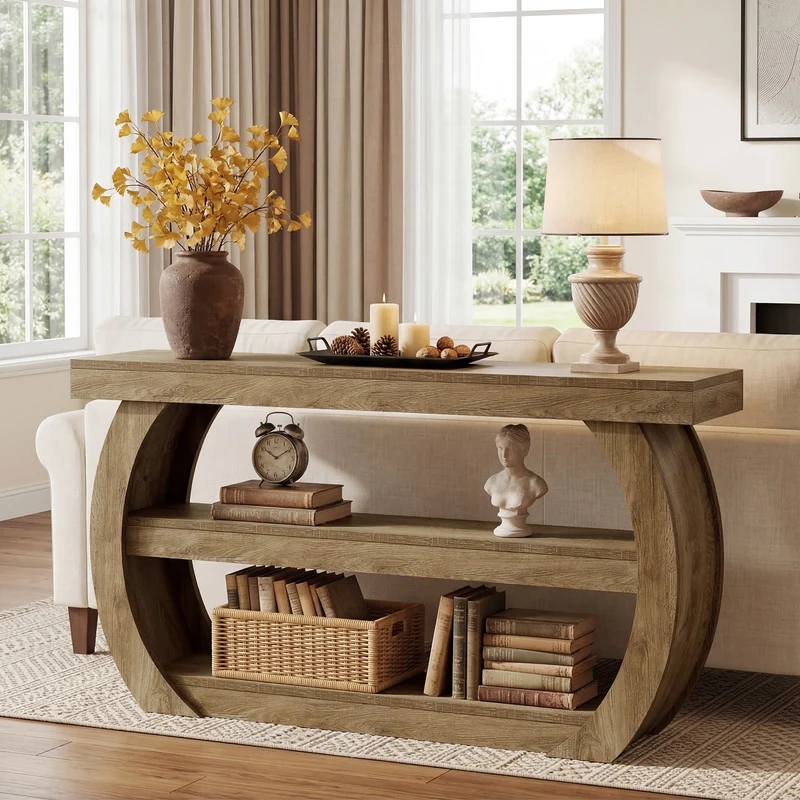 Tribesigns Table console style ferme (160 cm), Table d'entrée en bois à 3 niveaux avec étagère de rangement