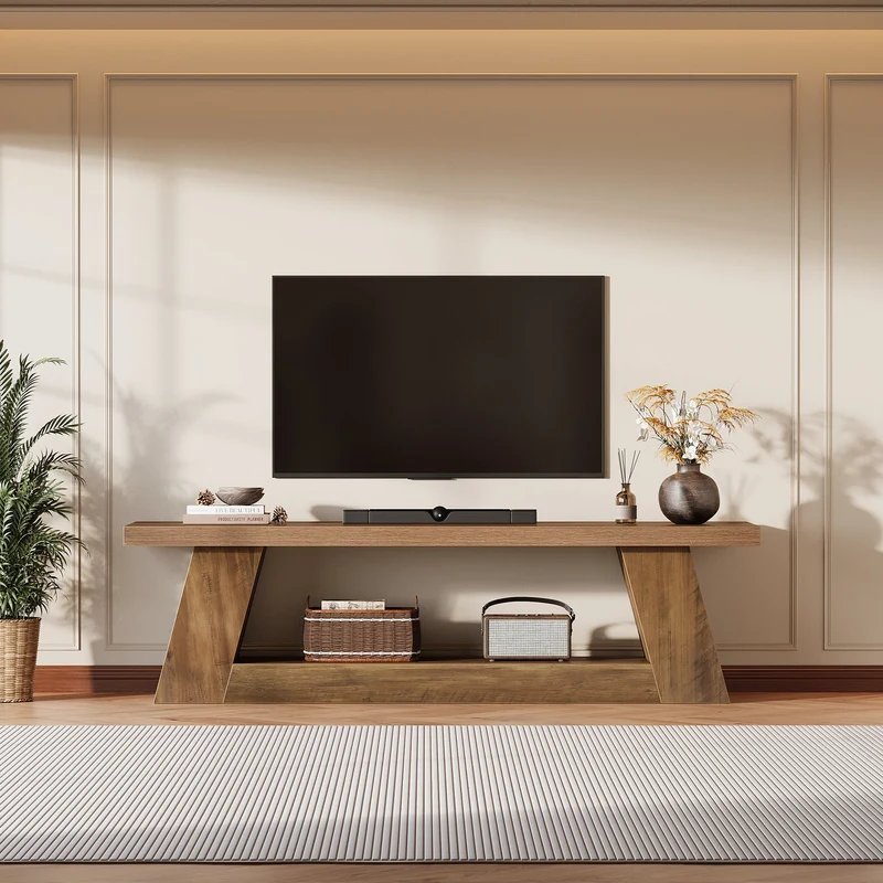 Tribesigns Meuble TV bas 160 cm pour téléviseurs style rustique avec étagères ouvertes