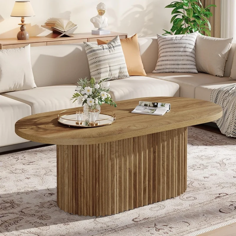 Tribesigns Table basse ovale, Table d'appoint en bois de style champêtre avec motif côtelé pour le salon