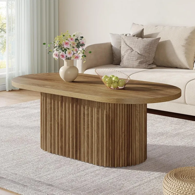 Tribesigns Table basse ovale, Table d'appoint en bois de style champêtre avec motif côtelé pour le salon