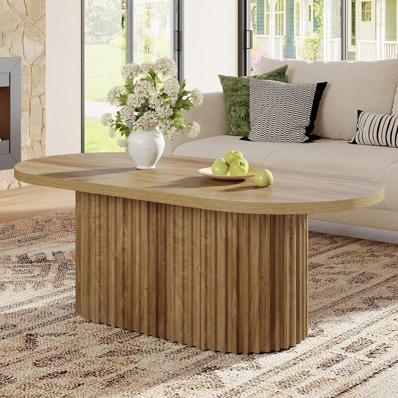 Tribesigns Table basse ovale, Table d'appoint en bois de style champêtre avec motif côtelé pour le salon