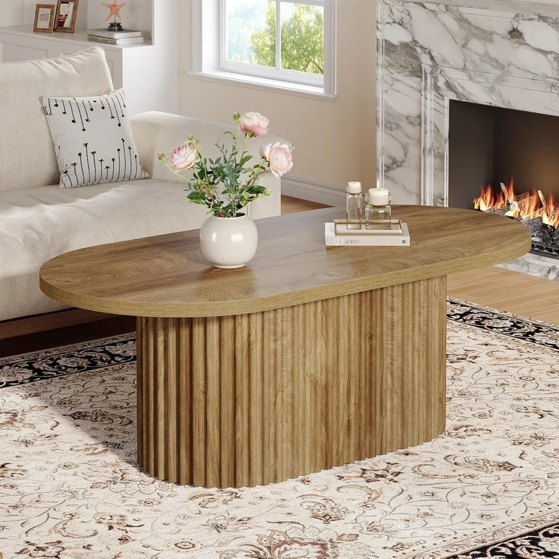 Tribesigns Table basse ovale, Table d'appoint en bois de style champêtre avec motif côtelé pour le salon