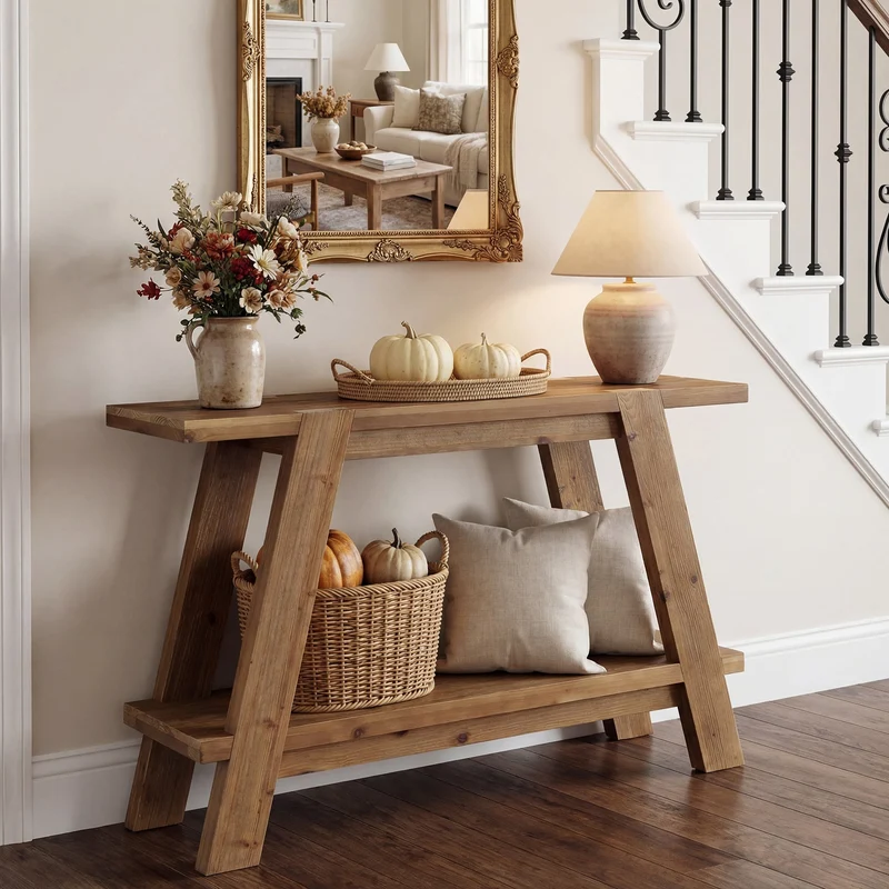 Tribesigns Console étroite en bois massif de 110 cm de long, Style campagnard Table basse avec 2 étagères