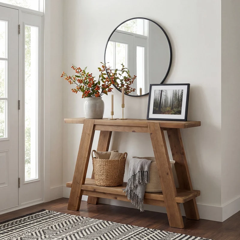 Tribesigns Console étroite en bois massif de 110 cm de long, Style campagnard Table basse avec 2 étagères