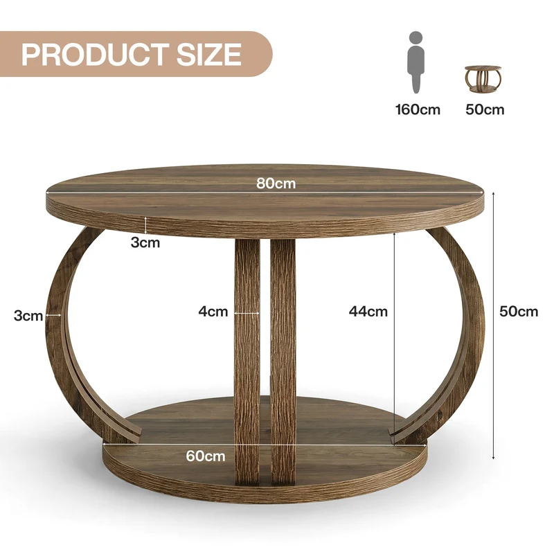 Tribesigns Table basse ronde 80 cm avec étagère, Table de salon avec piètement en colonne sculpturale