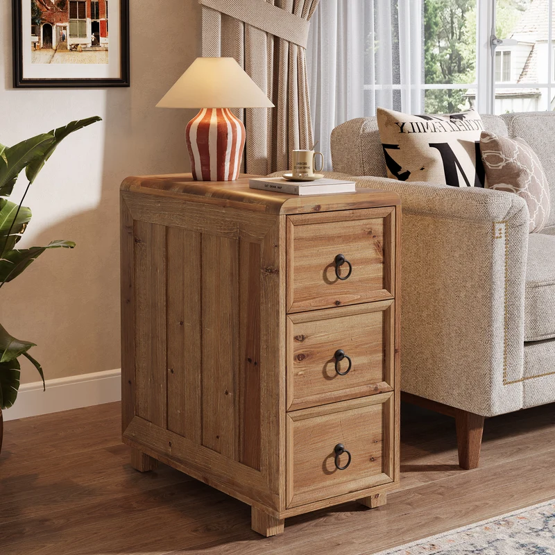 Tribesigns Table d'appoint étroite en bois massif avec 3 tiroirs pour salon, Table de chevet fine, table d'appoint