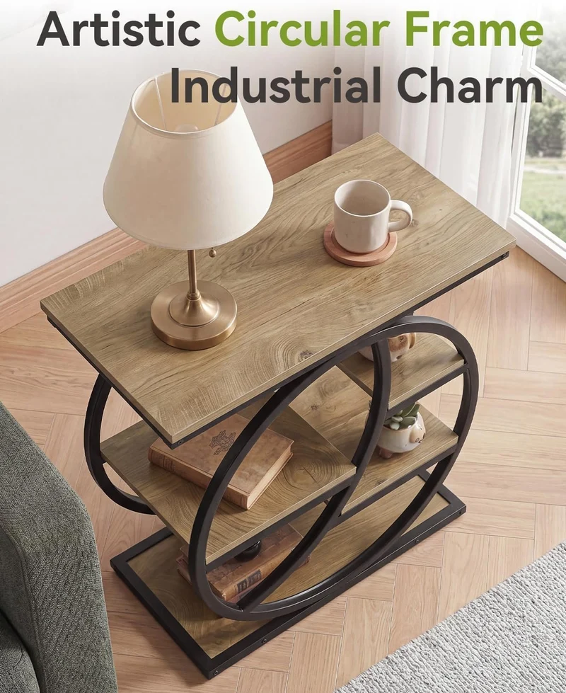 Tribesigns Table d'appoint, Table d'appoint étroite à 4 étagères Table de chevet moderne pour salon, bureau, chambre, chêne clair rustique et noir