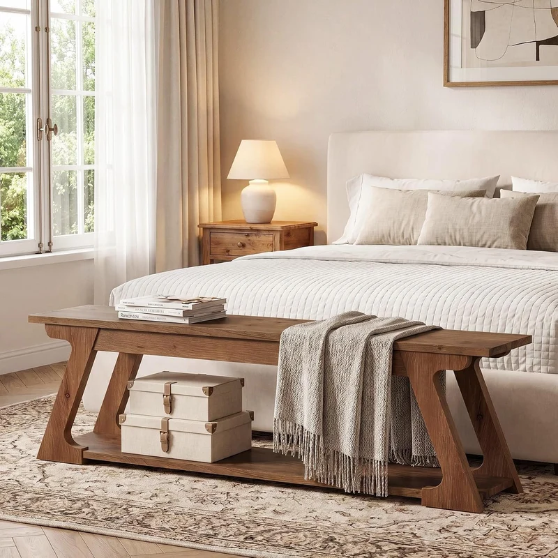 Banc de lit en bois massif de 150 cm de long avec compartiment de rangement, Long banc d'entrée en bois, banc d'intérieur rustique