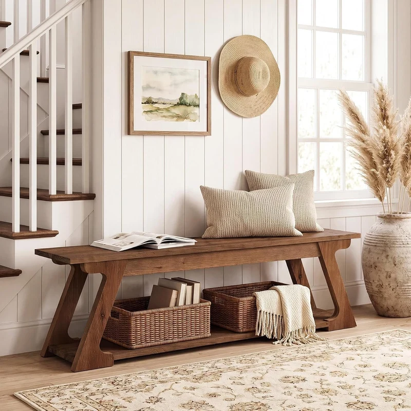 Banc de lit en bois massif de 150 cm de long avec compartiment de rangement, Long banc d'entrée en bois, banc d'intérieur rustique
