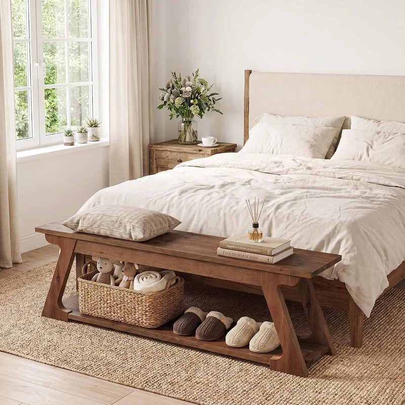 Banc de lit en bois massif de 150 cm de long avec compartiment de rangement, Long banc d'entrée en bois, banc d'intérieur rustique