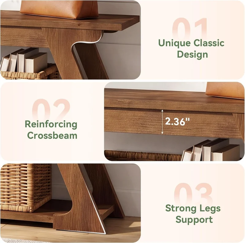 Banc de lit en bois massif de 150 cm de long avec compartiment de rangement, Long banc d'entrée en bois, banc d'intérieur rustique