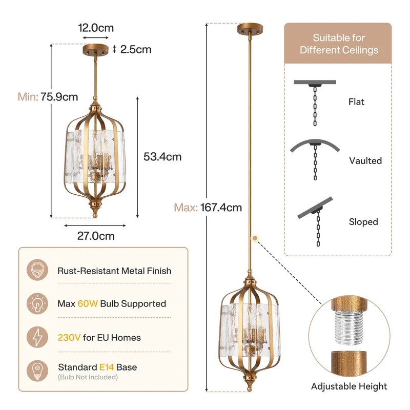 Tribesigns Suspension pour table à manger, lampe suspendue dorée vintage Ø27 cm, hauteur réglable