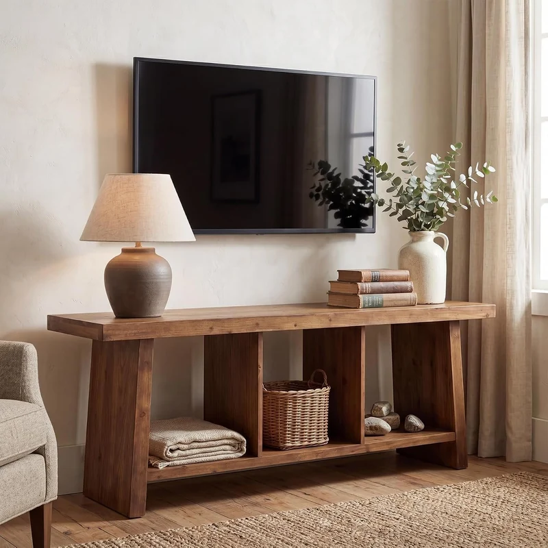 Tribesigns Meuble TV de style campagnard de 160 cm pour téléviseurs, Centre multimédia avec 3 étagères ouvertes