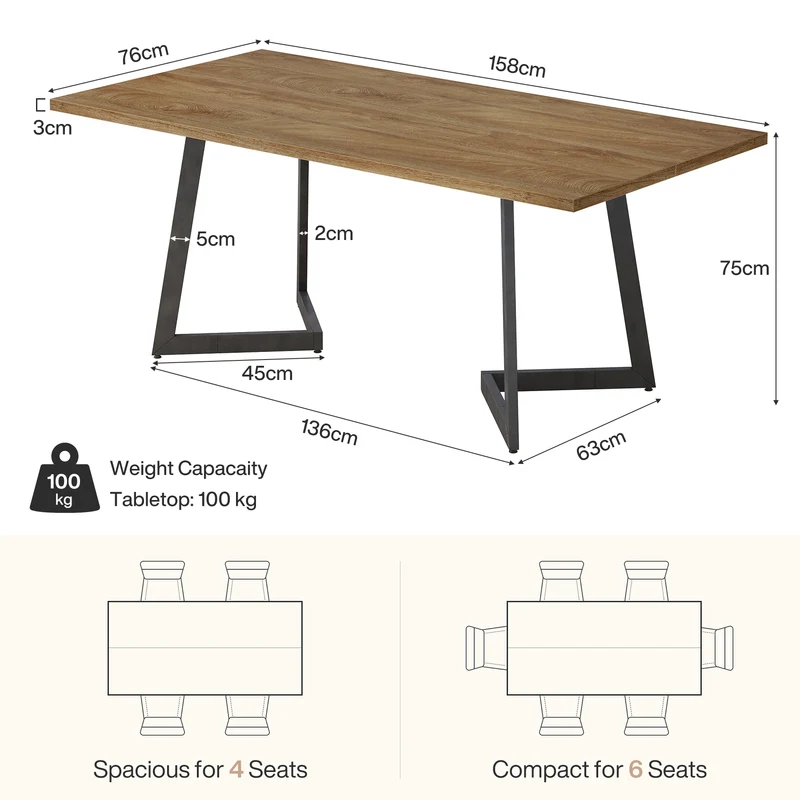 Tribesigns Table de salle à manger moderne 160 cm, Table de cuisine rectangulaire avec structure en métal
