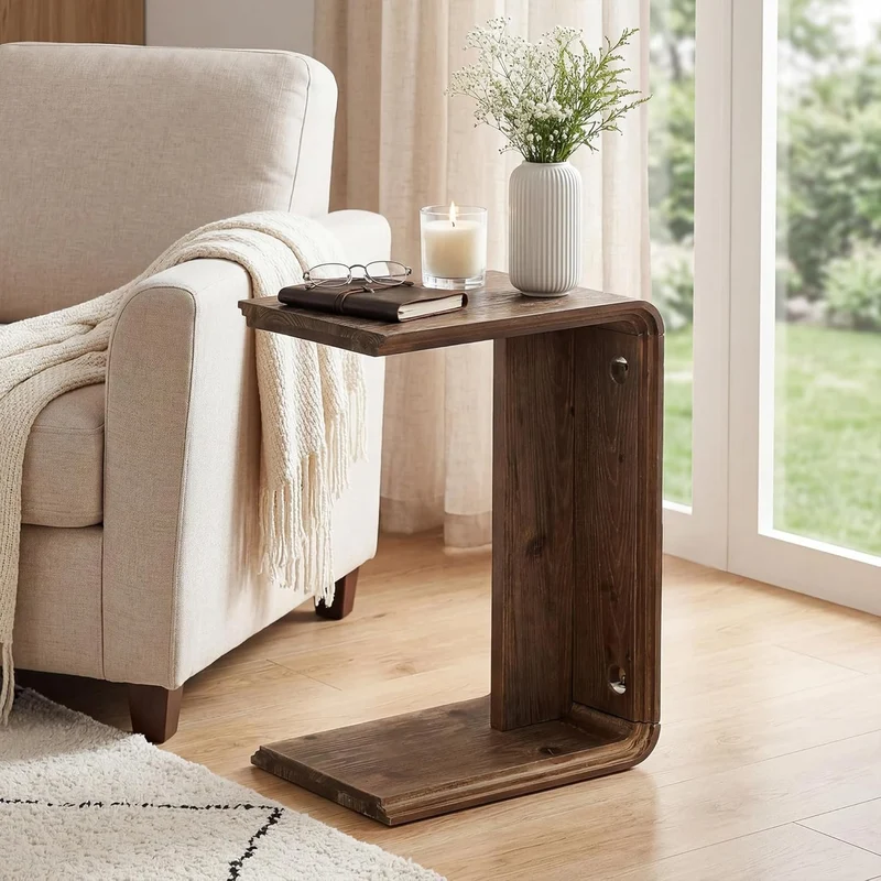 Table d'appoint en bois massif en forme de C, Table d'appoint étroite pour canapé, salon et chambre, gain de place, marron foncé