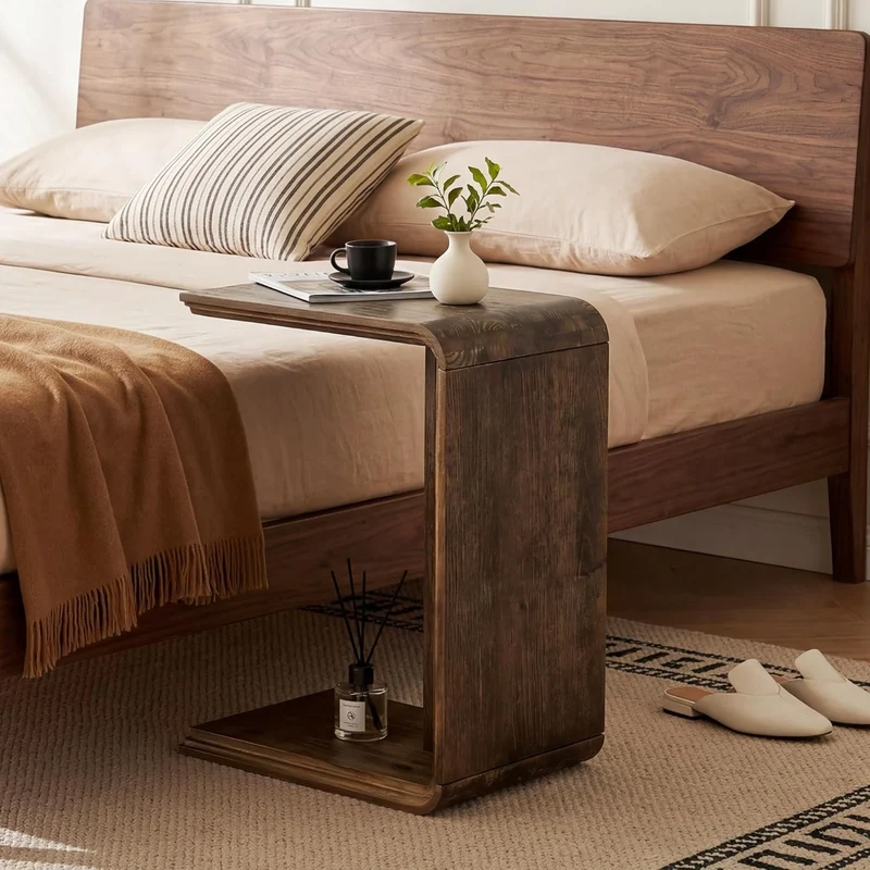 Table d'appoint en bois massif en forme de C, Table d'appoint étroite pour canapé, salon et chambre, gain de place, marron foncé