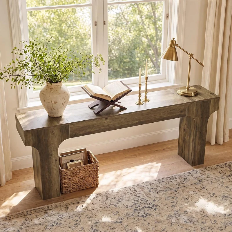 Tribesigns Console extra longue 200 cm design arqué, marron, Style champêtre aux tons chauds et rustiques