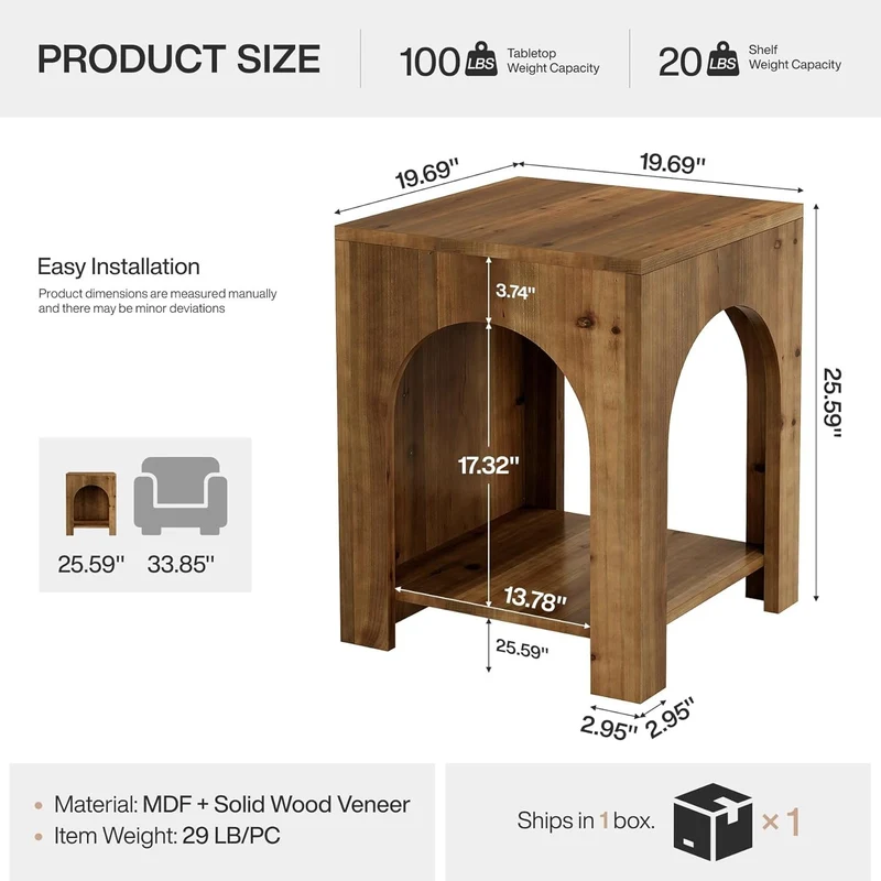 Tribesigns Table d'appoint style campagnard 2 niveaux en bois carrée marron, Bois massif, style campagnard