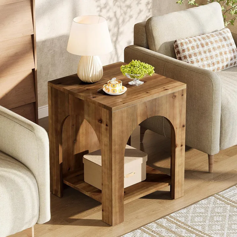 Tribesigns Table d'appoint style campagnard 2 niveaux en bois carrée marron, Bois massif, style campagnard