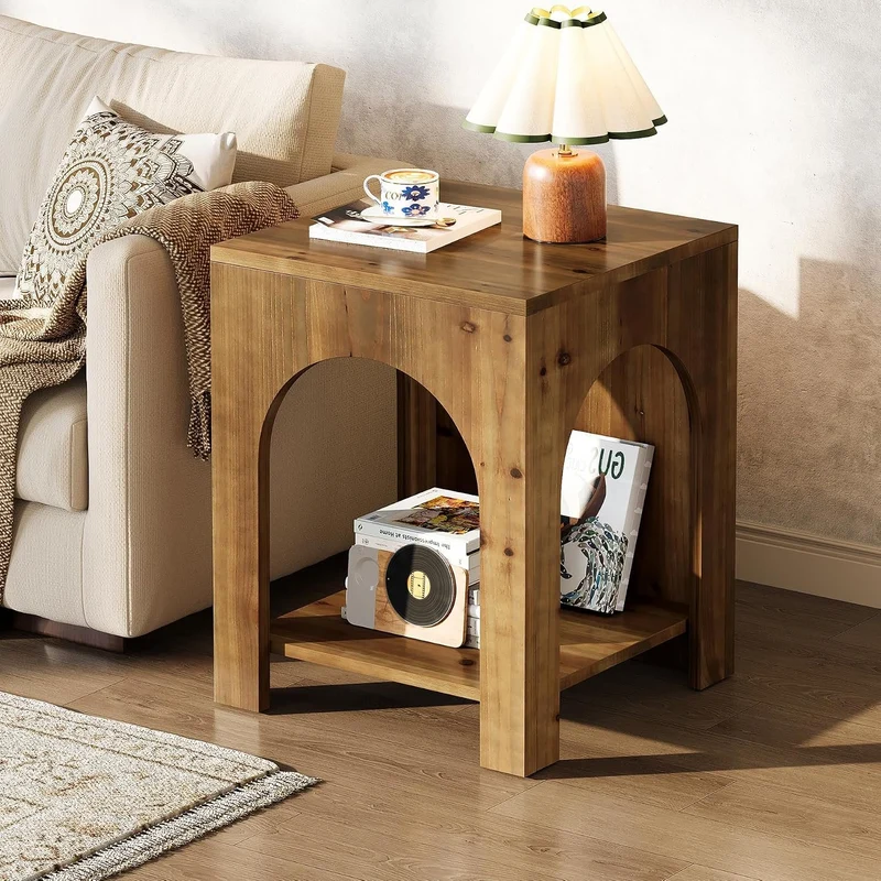 Tribesigns Table d'appoint style campagnard 2 niveaux en bois carrée marron, Bois massif, style campagnard