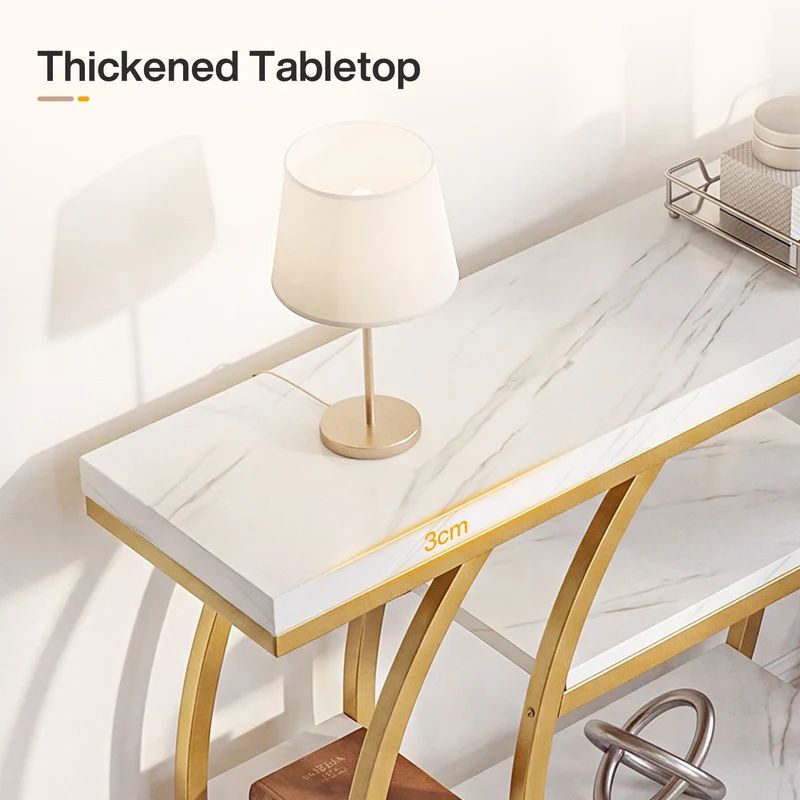 Tribesigns Console 105 cm, Table d'entrée étroite avec 5 étagères, Structure en métal doré et plateau aspect marbre