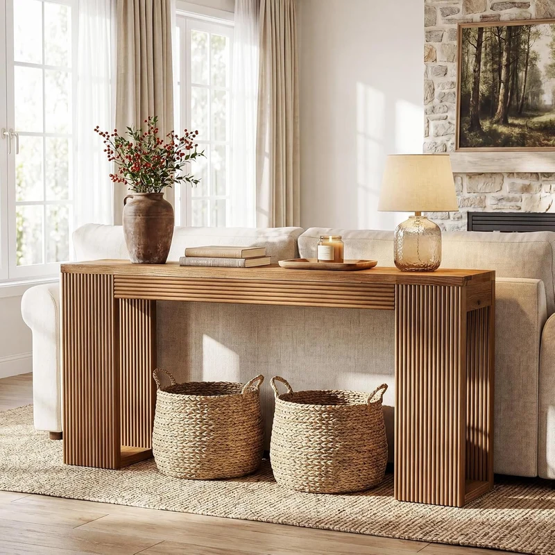 Console en bois massif de 160 cm de long, Style campagnard avec pieds cannelés